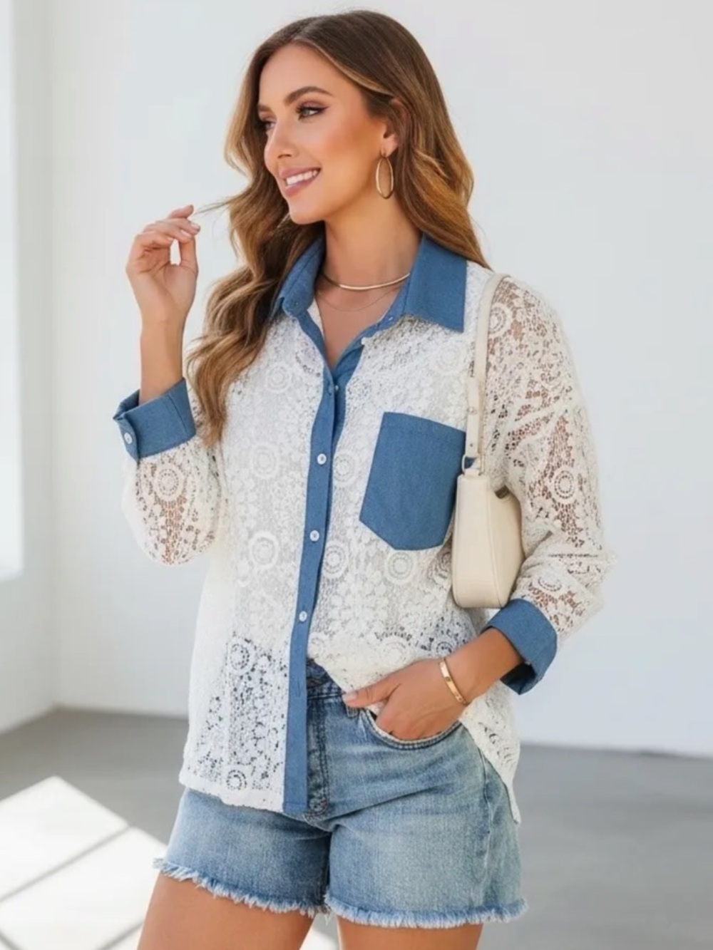 MADE IN ITALY Lace Button-Front Shirt with Chambray Trim - White/Blue